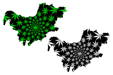 North West Province (Republic of South Africa, Administrative divisions, RSA) map is designed cannabis leaf green and black, North West map made of marijuana (marihuana,THC) foliage....