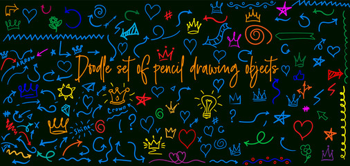 Set of hand drawn vector elements including arrows, hearts, numbers, lines, squiggles, frames, borders, calligraphic swirls, branches, stars, dots, plants, ampersands, drops, speech bubbles, ribbons.