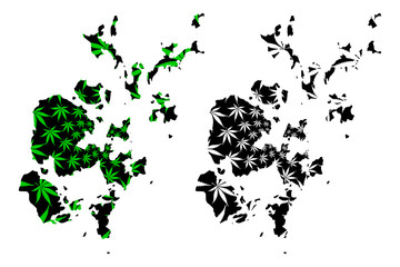 Obraz premium Orkney Islands (United Kingdom, Scotland, Local government in Scotland) map is designed cannabis leaf green and black, Orkney (Northern Isles) map made of marijuana (marihuana,THC) foliage....