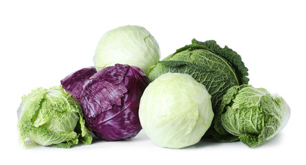 Different types of cabbage isolated on white - obrazy, fototapety, plakaty