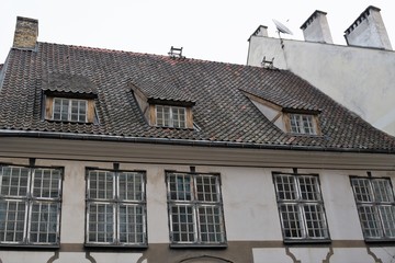 Riga, Latvia, November 2019. Fragment of the facade of a medieval historic house in the city center.