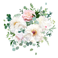 Dusty pink blush rose, white and creamy woody peony flowers