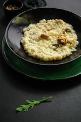 risotto mussels main course (delicious rice with seafood) menu concept. food background. top view. copy space