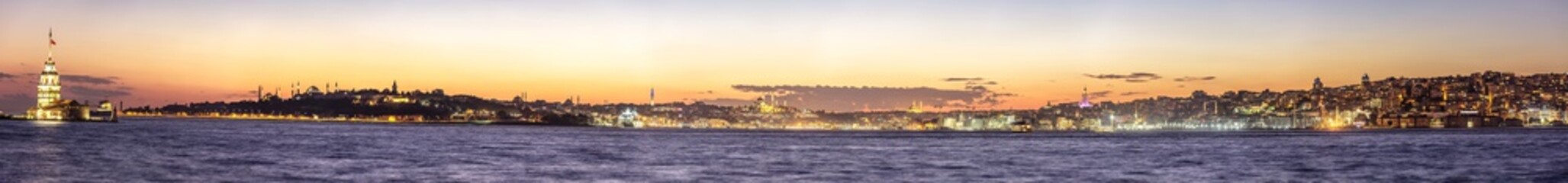 Plakat large panorama - the waterfront of Istanbul, Bosphorus at sunset - Fatih district, Galata district, Turkey