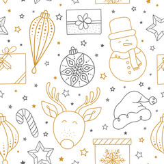 Christmas elements seamless pattern with Santa Claus and friends. Hand drawn doddle and sketch vector illustration.