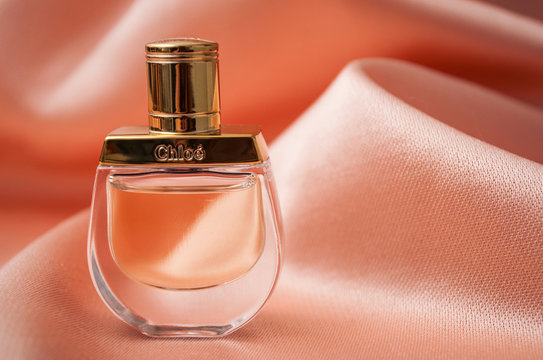 Mulhouse - France - 13 November 2019 - Closeup of Chloe perfume in a transparent bottle on satin background