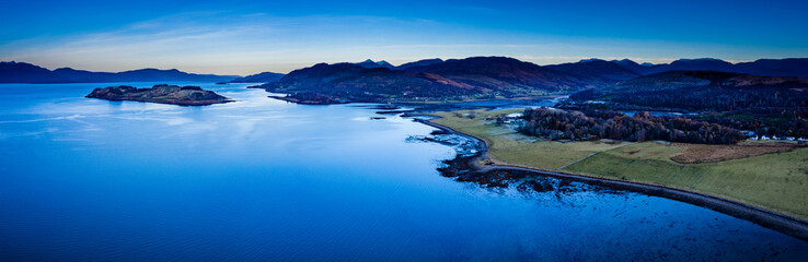 aerial panorama of loch linnhe on the west coast of scotland in the argyll region of the highlands...