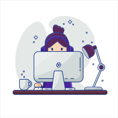 Vector flat illustration with cartoon support woman. Woman in headphones works in an office behind a computer. A worker has a lamp and a mug of coffee on the table.