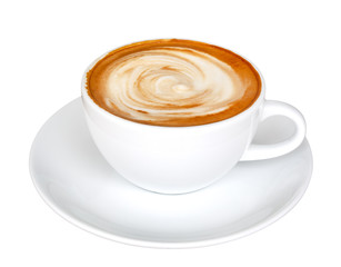 Coffee latte art spiral shape foam, hot cappuccino isolated on white background, clipping path