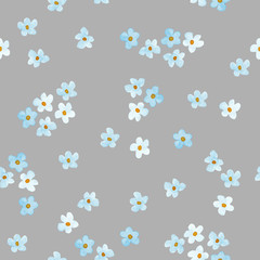 Little blue and white flowers watercolor painting - hand drawn seamless pattern on gray background