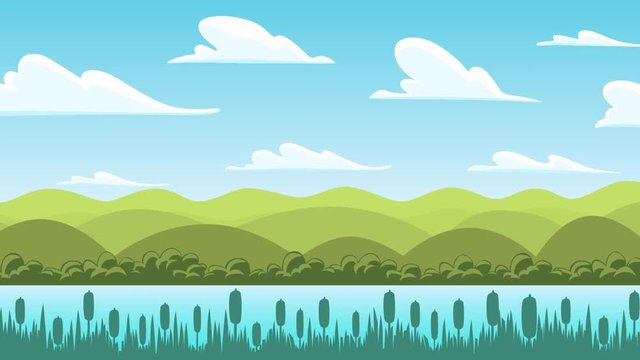Looped landscape animation with green landscape and river or lake shore, cartoon scene for games	