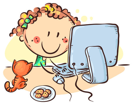 Cartoon girl at the computer, hand drawn vector illustration