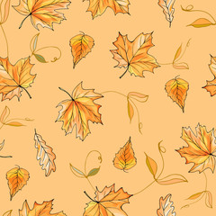 Obraz premium Seamless Pattern of Autumn Yellow Leaves on Yellow Background. Pattern for Textile Design, Fabric Printing, Packaging, Wallpaper, Book cover, Invitation.