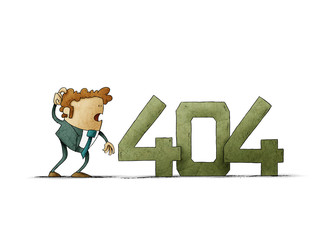 404 Error Page not found. shocked man looks at the error message. isolated - 303890282