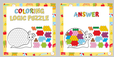 Coloring Logic Puzzle. Educational Game. Fine Motor Skills Worksheet. Vector illustration.
