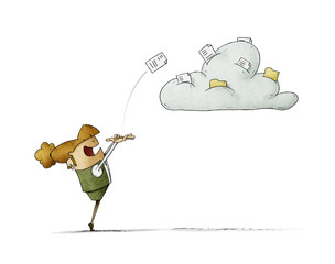Business woman is launching a document to a cloud where there are more documents. isolated