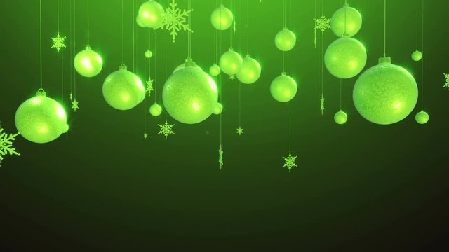 Rotating green christmas balls and stars. Abstract bright holiday background. 3d cartoon colorful animation. Concept for broadcast, screensavers, games or motion design.