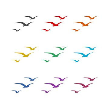 Seagull figures in the sky color icons set isolated on white background