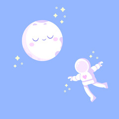 Vector flat illustration with kawaii moon and cute astronaut in love.  Cartoon astronaut in space in zero gravity next to the big moon.