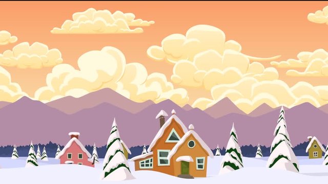 Winter village scene with wooden hut. Looped seamless animation for game backgrounds	
