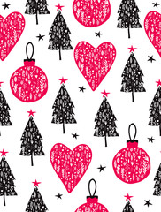 Lovely Christmas Tree Seamless Vector Pattern. Christmas Tree Vector Print. Black Trees, Red Hearts and Bauble With White Floral Print Isolated on a White Background.Cute Hand Drawn Christmas Design.