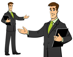 A young man in a dark business classic suit and tie. Pointing hand gesture. Cartoon style, comics.