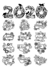 Fototapeta premium Happy New Year 2020 flower drawing and sketch black and white isolated on white background.