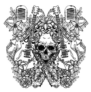 Tattoo art music and skull hand drawing black and white