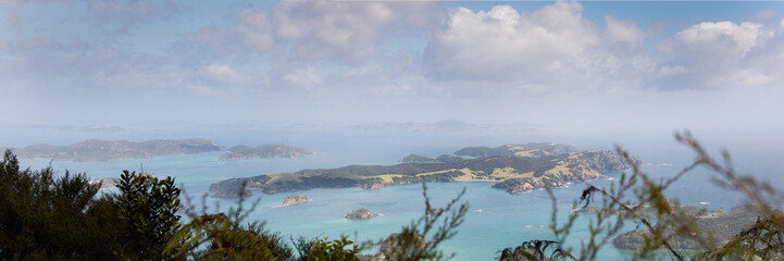 Fototapeta na wymiar Panoramic view from the top of Pukehuia 345m on Cape Brett walkway, Russell, Bay of Island