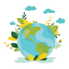 Ecology concept. People take care about planet ecology. Protect nature and ecology banner. Earth day. Globe with trees, plants. Vector illustration