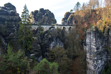 Panorama of Bastei rock formations, the bridge Bastei, Saxon Switzerland National park, Germany