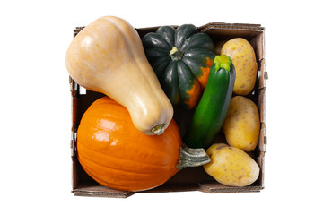 Vegetables close up. Fresh, organic pumpkin, acorn squash, butternut squash, zucchini, and potatoes in a wooden box close up, top view, isolated on white background. Autumn harvest, healthy lifestyle