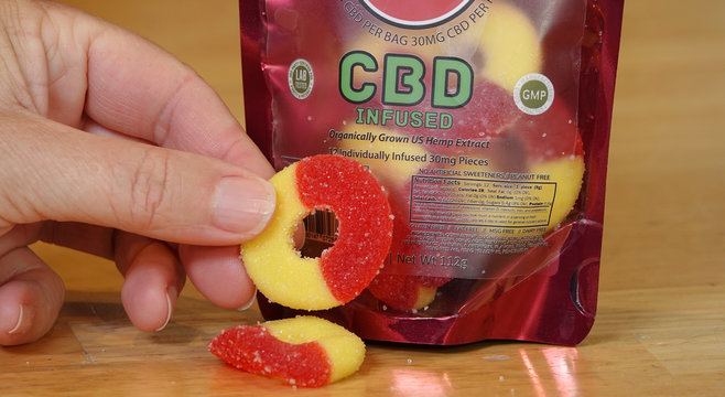 Hand holding a CBD infused gummy ring. Edible cannabis products are freely available in California. Photo taken in Vista, CA / USA - November 19, 2019. 