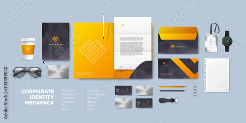Download Corporate Branding Identity Design Stationery Mockup Vector Megapack Set Template For Industrial Or Technic Company Folder And A4 Letter Visiting Card And Envelope Strong Heart Shape Line Logo Wall Mural Mark