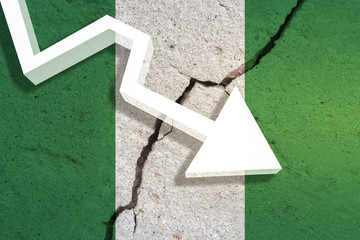 Nigeria Flag on the cracked wall with arrow falling down. Concept of decrease in the country. 3D Illustration