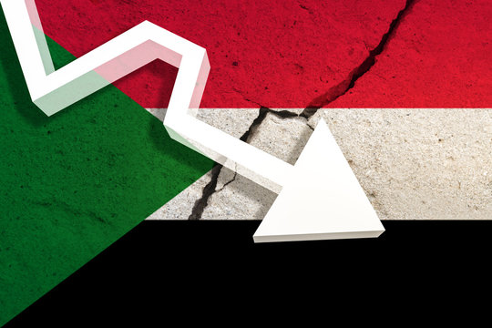 Sudan Flag on the cracked wall with arrow falling down. Concept of decrease in the country. 3D Illustration