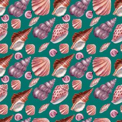 Watercolor seamless pattern Seashells. Pink shells