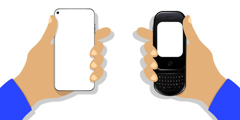 Modern and old phone in hand, smartphone and phone with blank screen for your design, vector illustration