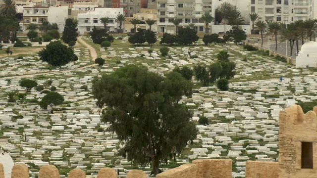 Sidi El Mezri Cemetery in Monastir, Tunis. Arab cemetery. Marble slabs. View from above