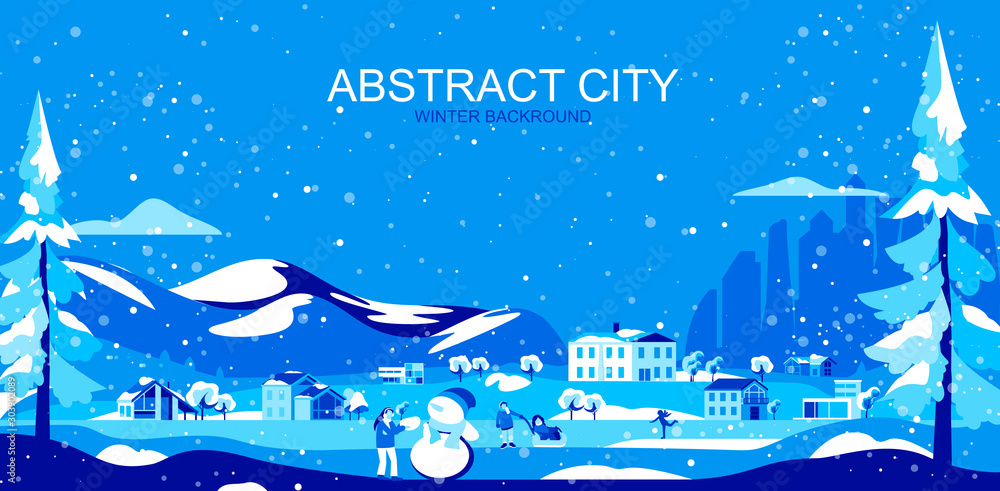 Poster Vector illustration in simple flat style - suburban landscape with houses and people - abstract horizontal banner and winter background with copy space for text - header image for landing page.