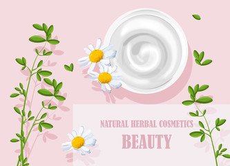Natural herbal cosmetics cream with chamomile flowers decorations