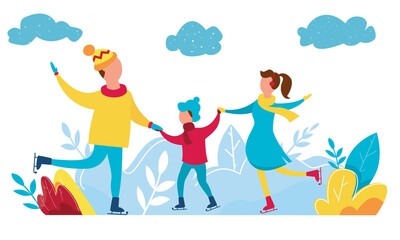 Modern vector illustration of winter season featuring Christmas holidays outdoor activities. People characters family ice skating.