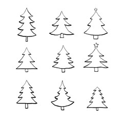Hand drawn sketch Set of Christmas tree. Vector illustration icon doodle.