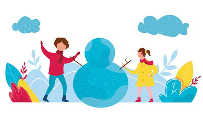 Obraz na płótnie Canvas Modern vector illustration of winter season featuring Christmas holidays outdoor activities. People dressed in winter clothes Making Snowman and having fun.
