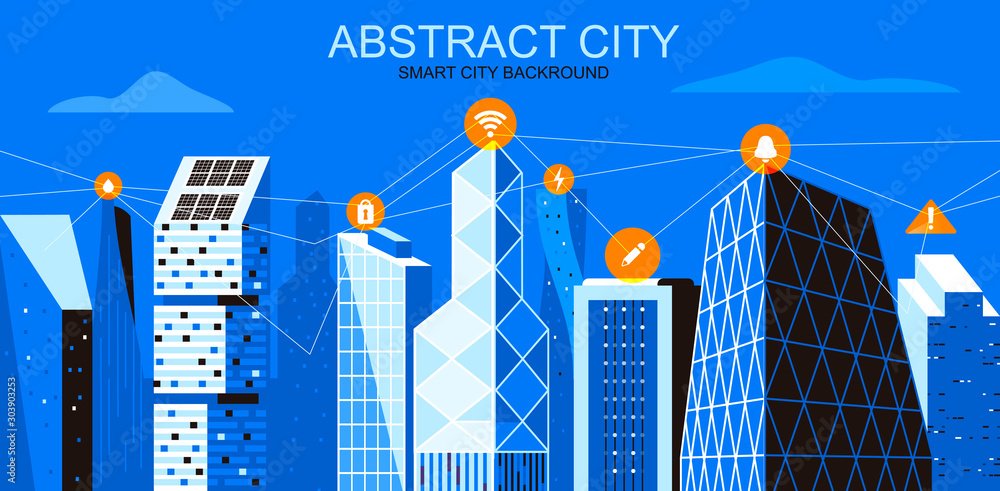 Poster vector illustration in simple flat style - cityscape with wireless information network - abstract io