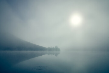 Fototapeta premium Foggy sunrise on lake.