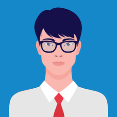 Portrait of an Asian businessman in eyeglasses, vector flat illustration. Asian young successful man avatar.