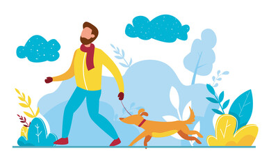 Obraz na płótnie Canvas Modern vector illustration of winter season featuring Christmas holidays outdoor activities. Walking the dog. Man in winter clothes playing with dog.