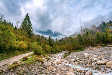 Fototapeta na wymiar Panoramic view of the river Torrente Mis near California (Gosaldo) in Italy