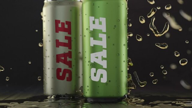 Tin cans with the inscription sale. Spin against the backdrop of a splash. Colorful lighting, spray dynamics. Slow motion, 3D render.